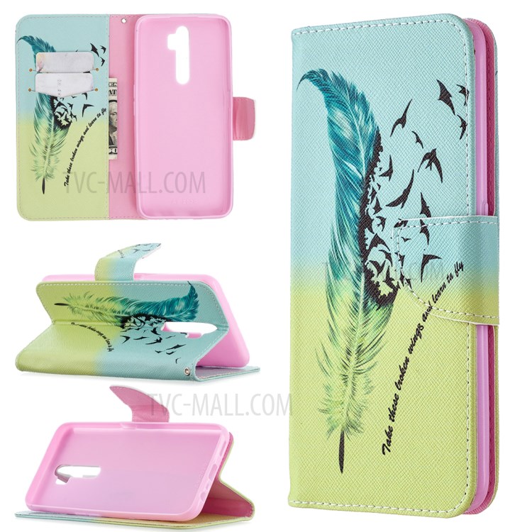 Printing Skin Shell Leather Phone Cover for Oppo A5 (2020)/A9 (2020)/A11x - Feather Pattern-1