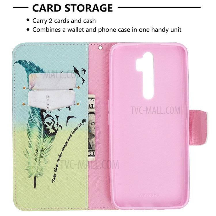 Printing Skin Shell Leather Phone Cover for Oppo A5 (2020)/A9 (2020)/A11x - Feather Pattern-3