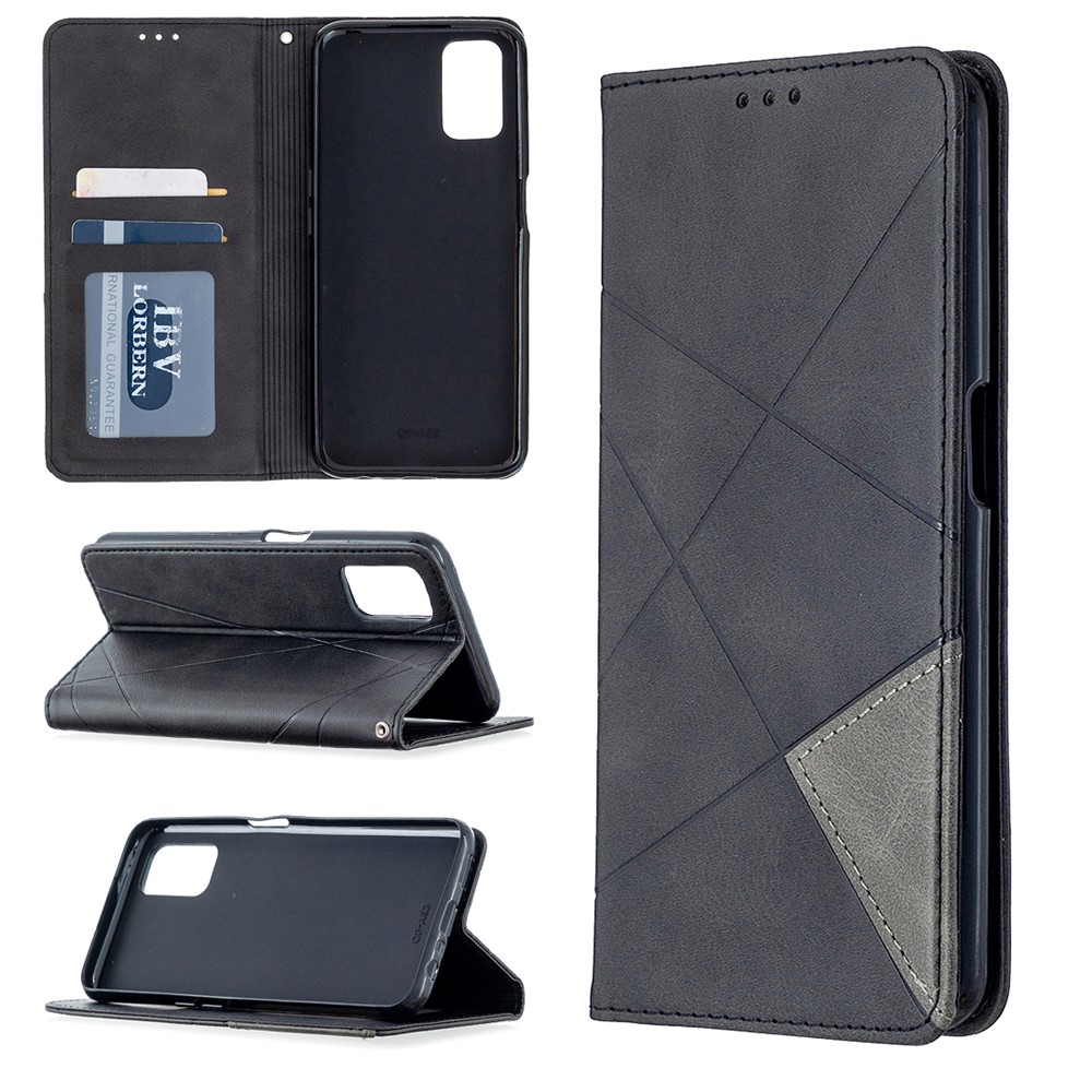 Estuche de Cuero de Patrón Geométrico Con Ranuras Para Tarjetas Para Oppo A72 / A52 / A92 - Negro