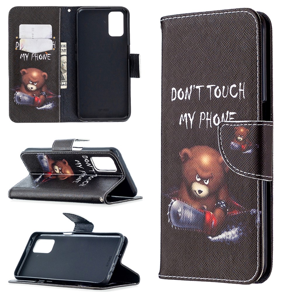 Pattern Printing Leather Wallet Case for OPPO A72/A52/A92 - Brown Bear and Warning Words-1