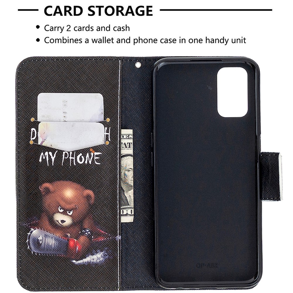 Pattern Printing Leather Wallet Case for OPPO A72/A52/A92 - Brown Bear and Warning Words-6