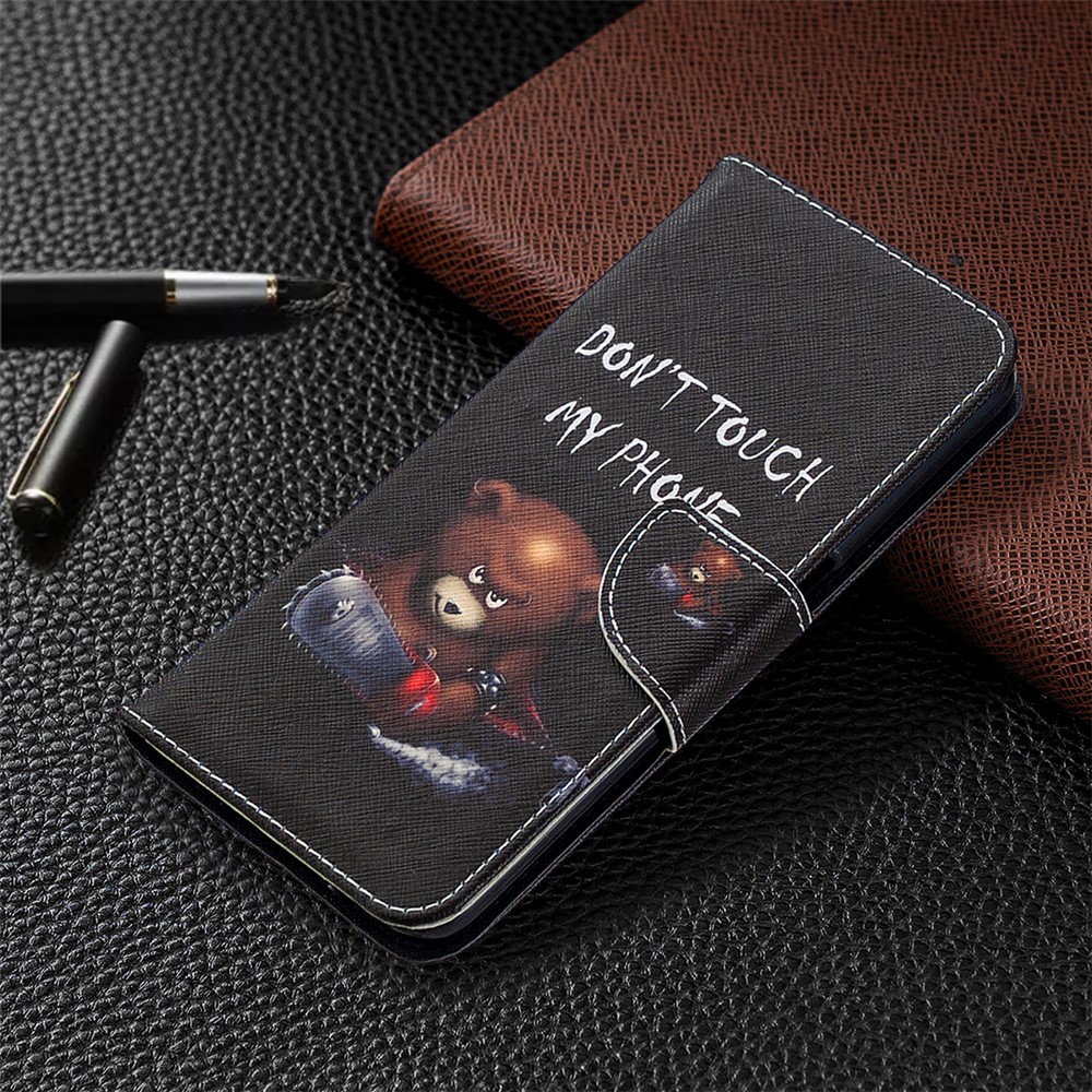 Pattern Printing Leather Wallet Case for OPPO A72/A52/A92 - Brown Bear and Warning Words-7