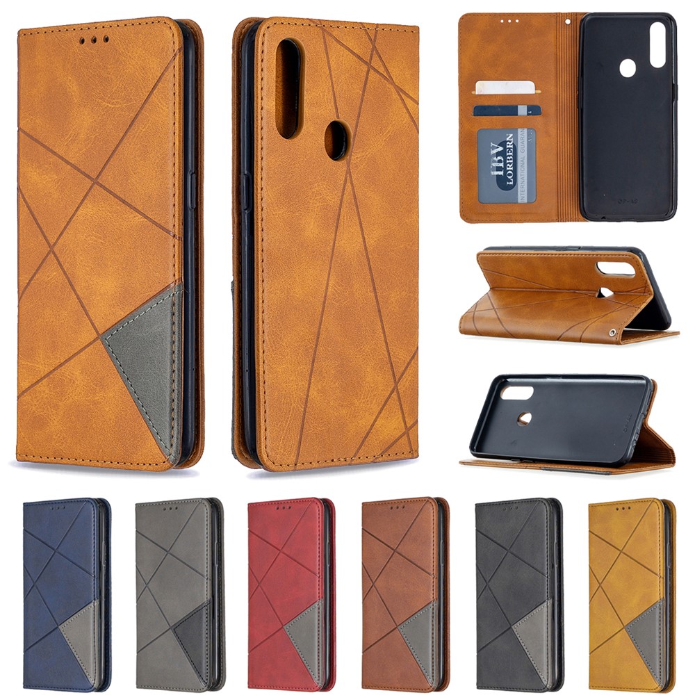 Estuche Para Cartas de Cuero de Stand de Patrón Geométrico Para OPPO A31 (2020) / A81 - Negro