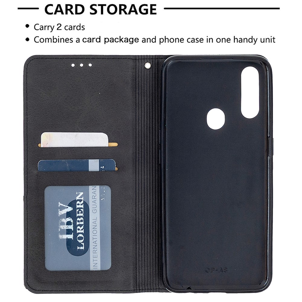 Estuche Para Cartas de Cuero de Stand de Patrón Geométrico Para OPPO A31 (2020) / A81 - Negro