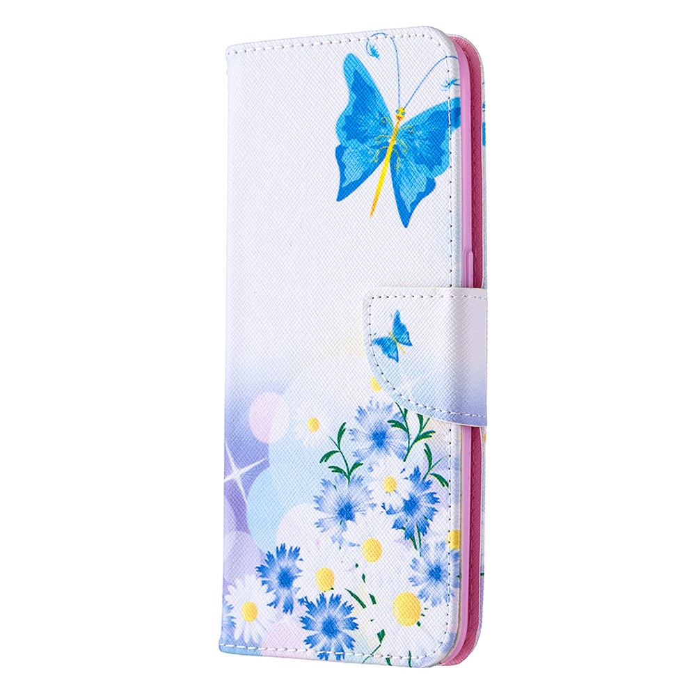 Motif de Coque de Portefeuille en Cuir Imprimée Pour OPPO A31 (2020) / A81 - Papillon Bleu et Fleurs