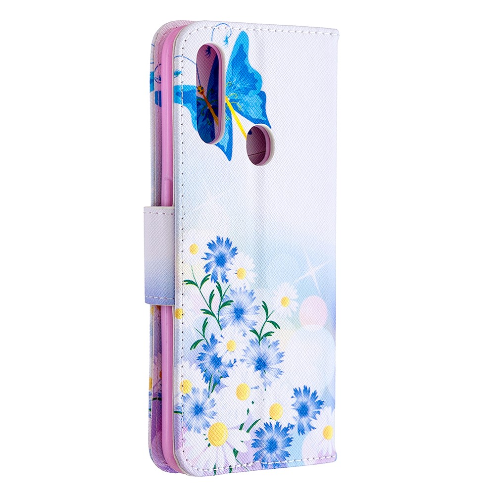 Motif de Coque de Portefeuille en Cuir Imprimée Pour OPPO A31 (2020) / A81 - Papillon Bleu et Fleurs