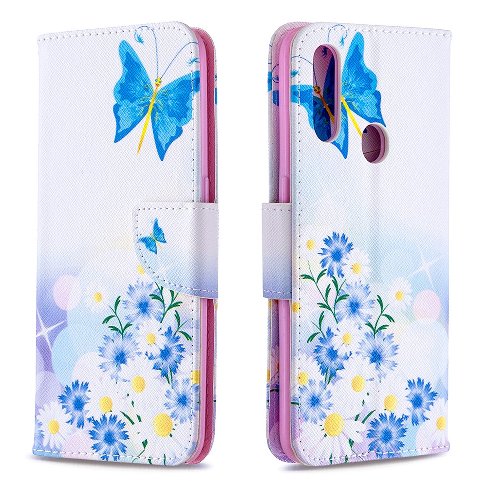 Musterdruck Leder Brieftasche Hülle Für Oppo A31 (2020)/A81 - Blauer Schmetterling Und Blumen