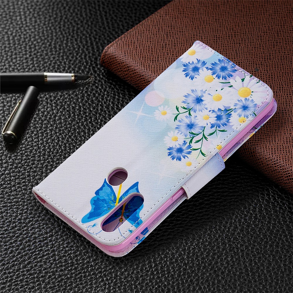 Motif de Coque de Portefeuille en Cuir Imprimée Pour OPPO A31 (2020) / A81 - Papillon Bleu et Fleurs