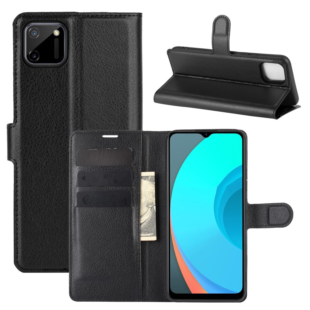 Litchi Texture Wallet Stand Leather Protective Cover for Realme C11 - Black-1