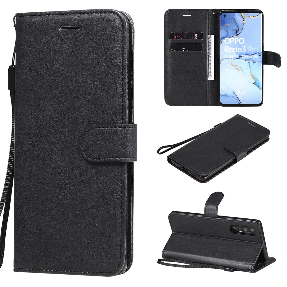 Solid Color Wallet Stand Leather Shell with Strap for Oppo Reno3 Pro 5G / Find X2 Neo (Overseas Version) - Black-1