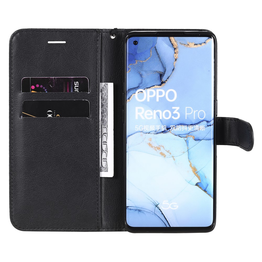 Solid Color Wallet Stand Leather Shell with Strap for Oppo Reno3 Pro 5G / Find X2 Neo (Overseas Version) - Black-4