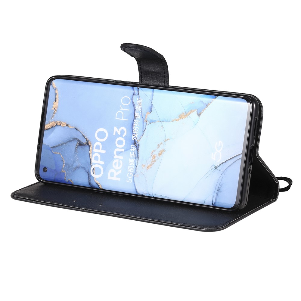 Solid Color Wallet Stand Leather Shell with Strap for Oppo Reno3 Pro 5G / Find X2 Neo (Overseas Version) - Black-6