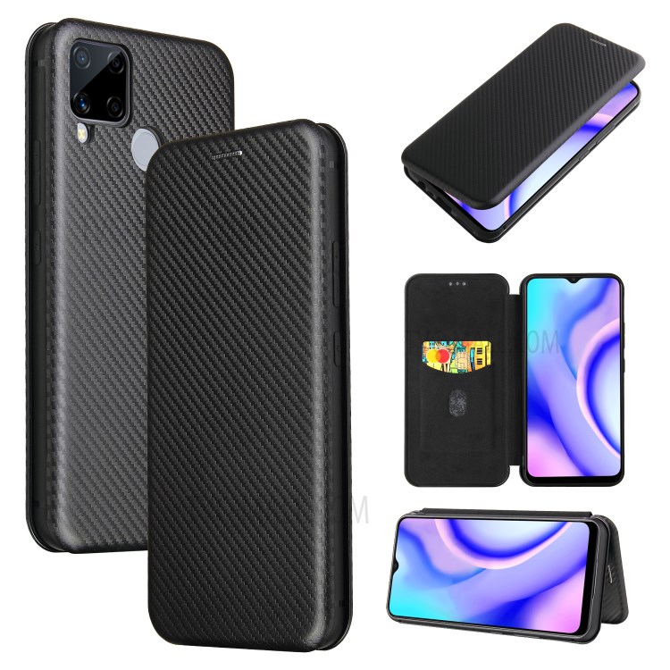 Auto-absorbed Carbon Fiber Texture Leather Case with Stand Cover for Realme C15 - Black-1