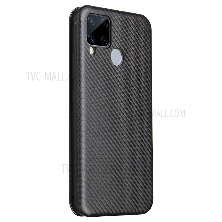 Auto-absorbed Carbon Fiber Texture Leather Case with Stand Cover for Realme C15 - Black-3