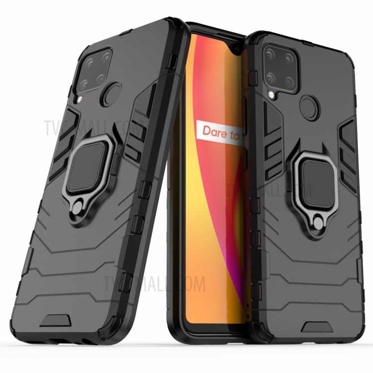 Cool Guard PC + TPU Hybrid Phone Case with Kickstand for Realme C15 - Black-1