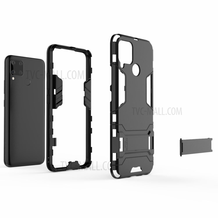 2 in 1 PC + TPU Hybrid Case Cover with Kickstand for Realme C15 - Black-4