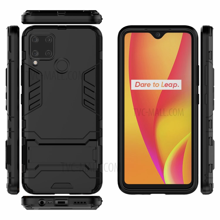 2 in 1 PC + TPU Hybrid Case Cover with Kickstand for Realme C15 - Black-7