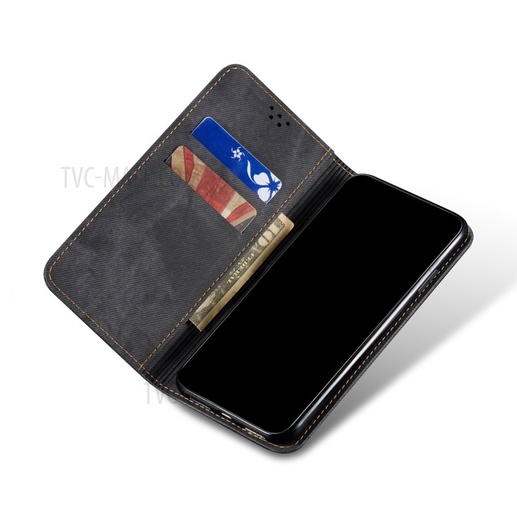 Jeans Cloth Surface Leather Shell with Wallet Stand for Realme 6 - Black-4