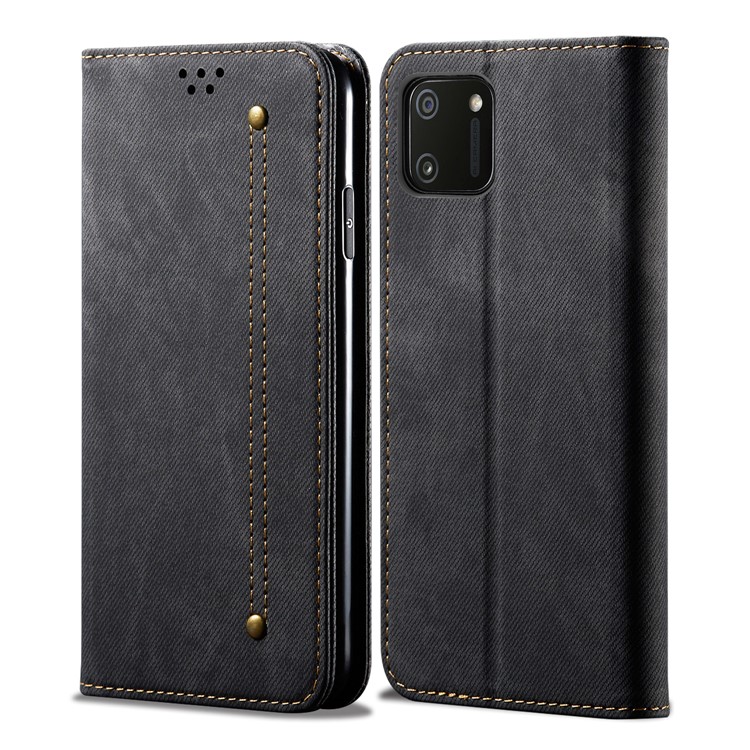 Jeans Cloth Skin with Wallet Leather Phone Cover for Realme C11 - Black-1