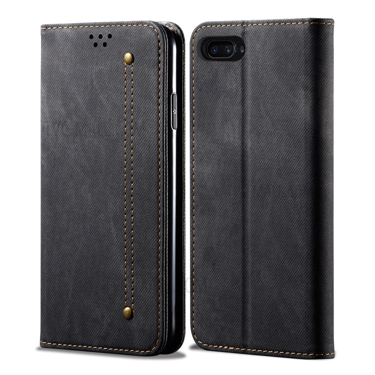 Jeans Cloth Leather Wallet Stand Phone Case for Oppo A12e - Black-1