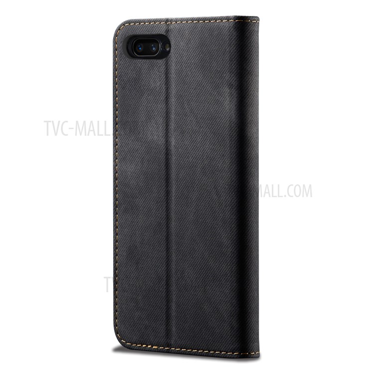 Jeans Cloth Leather Wallet Stand Phone Case for Oppo A12e - Black-3