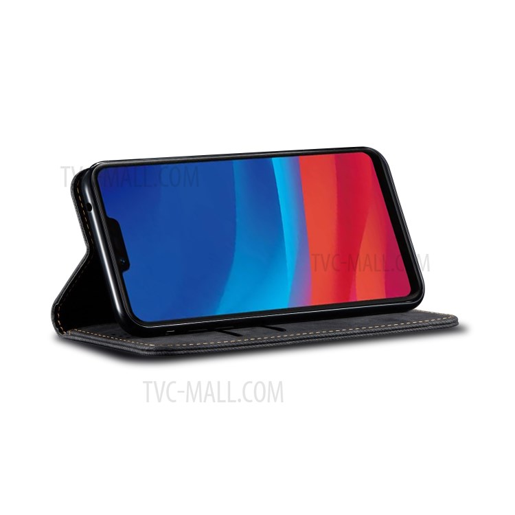 Jeans Cloth Leather Wallet Stand Phone Case for Oppo A12e - Black-4