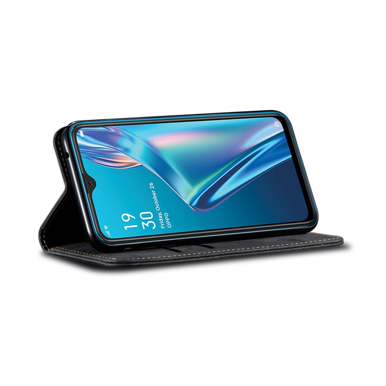 Jeans Cloth Wallet Stand Leather Case for Oppo A12 - Black-4