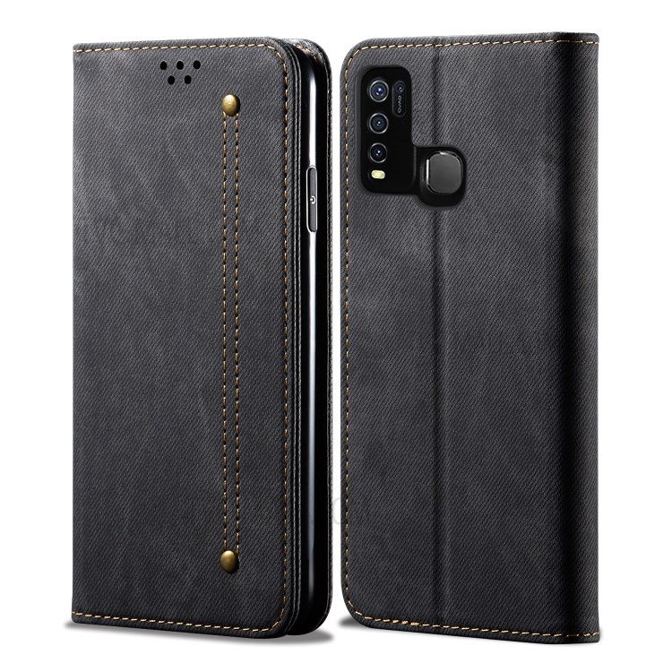 Vintage Style Jeans Cloth Texture Wallet Flip Leather Phone Case for Vivo Y50 - Black-1