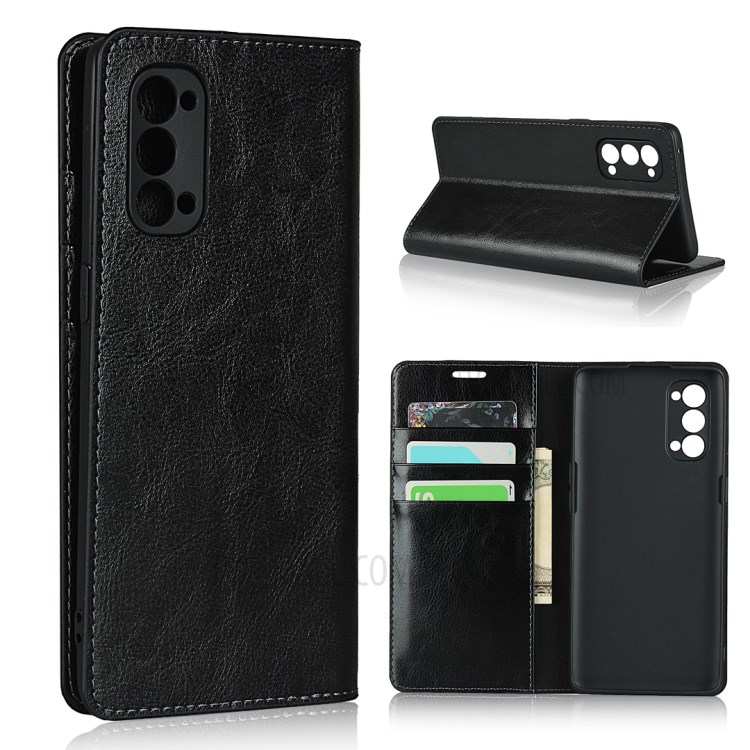 Crazy Horse Genuine Leather Wallet Stand Cover for OPPO Reno4 Pro 5G - Black-1