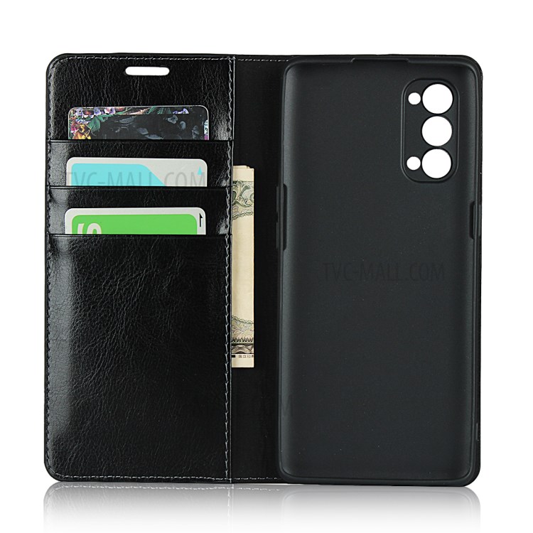 Crazy Horse Genuine Leather Wallet Stand Case for OPPO Reno4 5G - Black-4