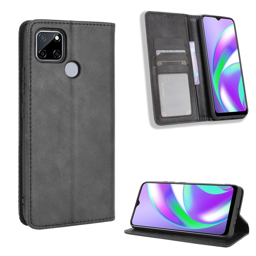 Vintage Style Wallet Stand Leather Phone Cover for Realme C12 - Black-1