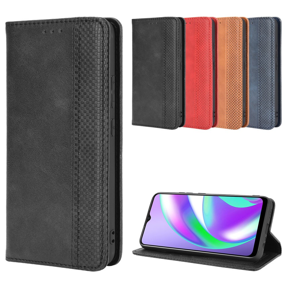 Vintage Style Wallet Stand Leather Phone Cover for Realme C12 - Black-12