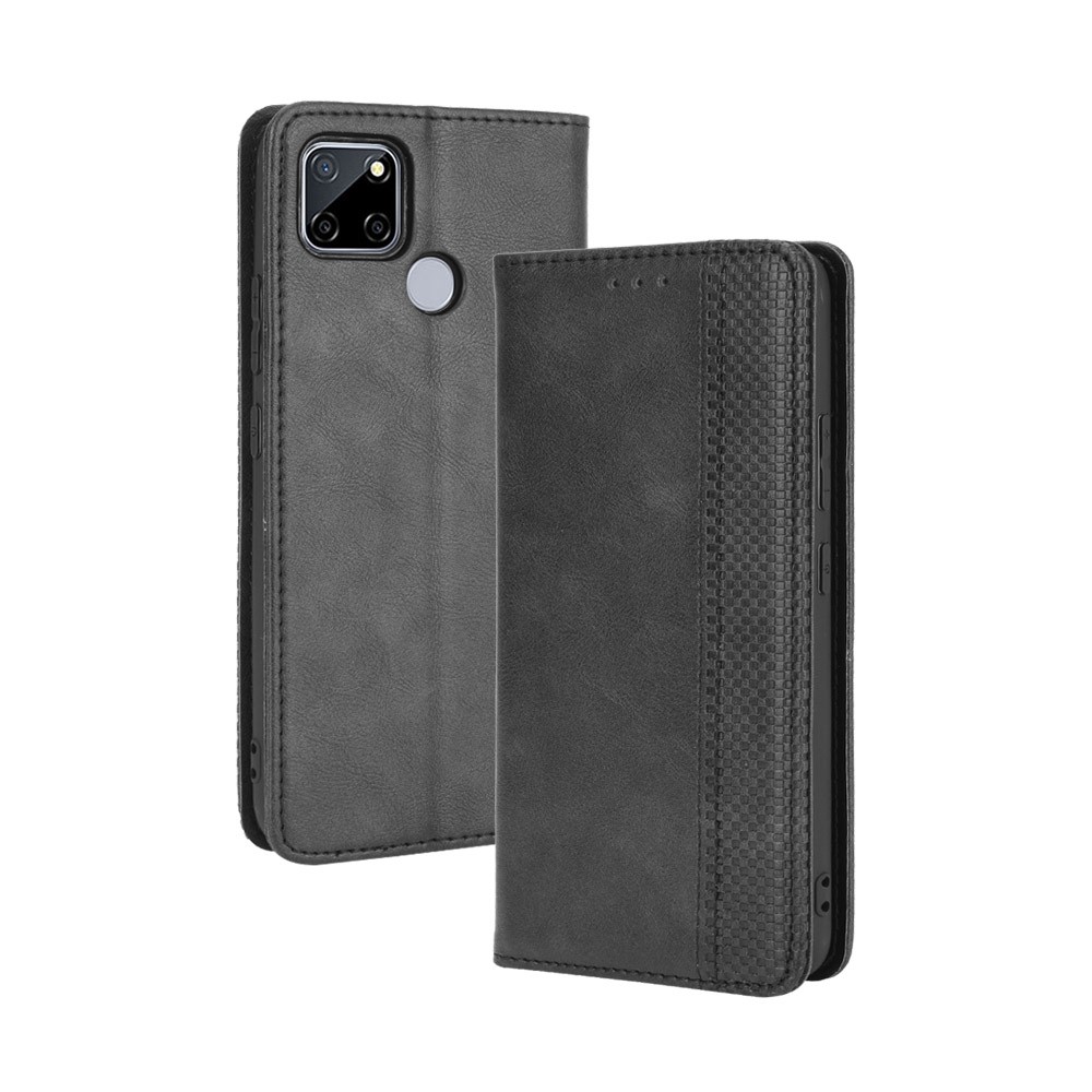 Vintage Style Wallet Stand Leather Phone Cover for Realme C12 - Black-2