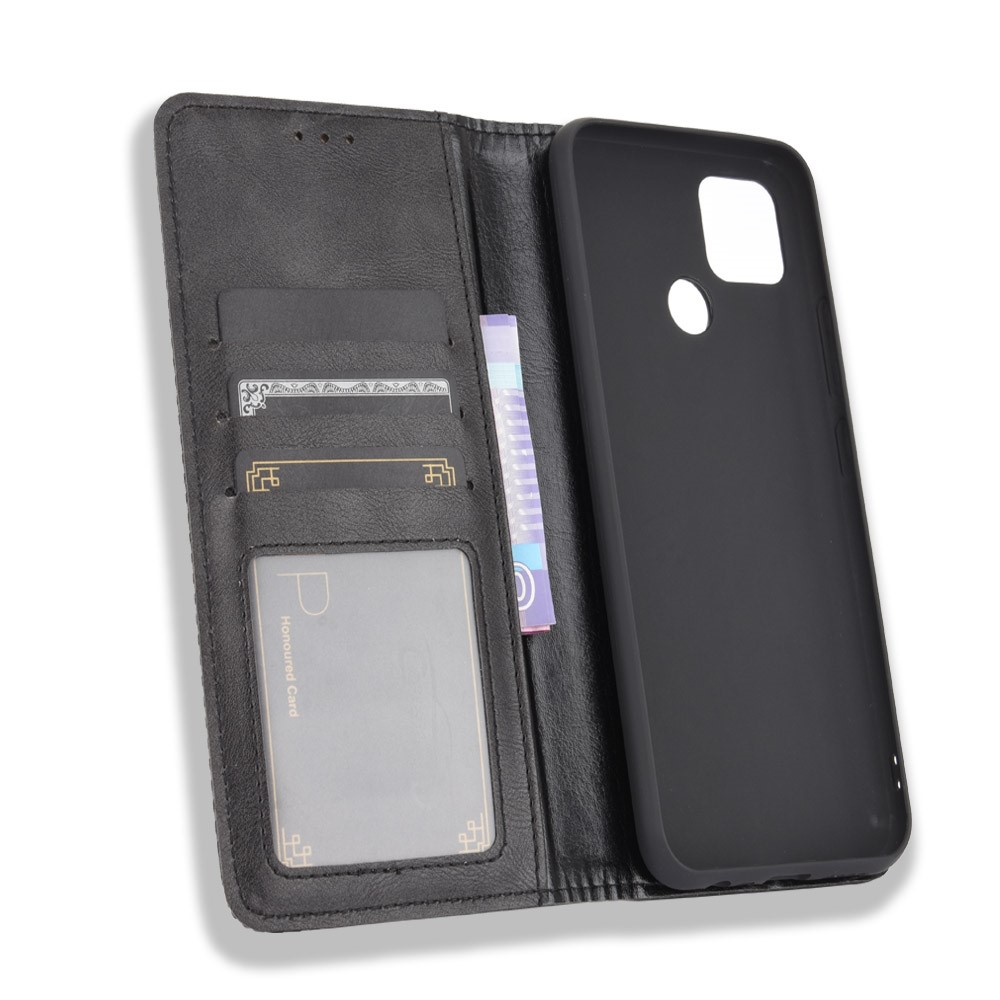 Vintage Style Wallet Stand Leather Phone Cover for Realme C12 - Black-4