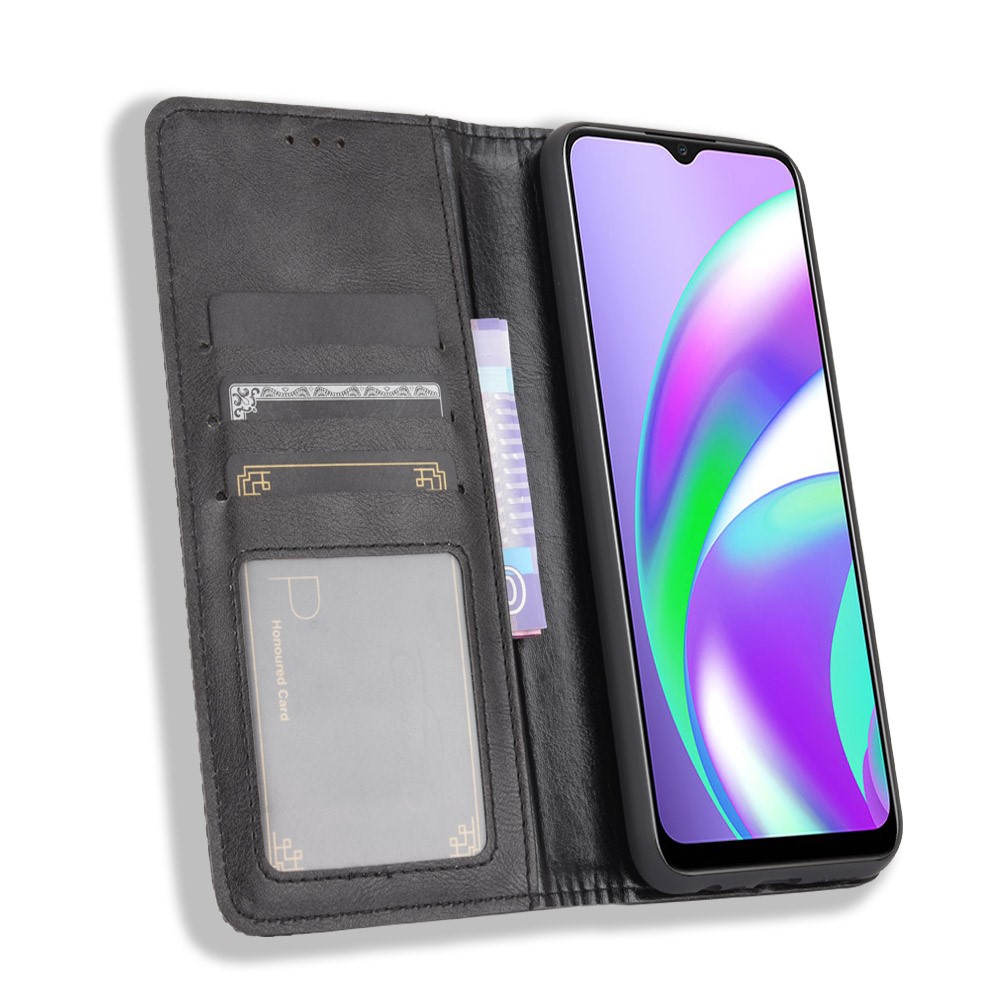 Vintage Style Wallet Stand Leather Phone Cover for Realme C12 - Black-5