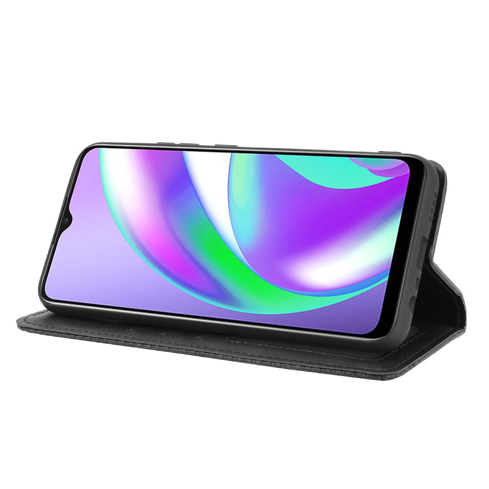 Vintage Style Wallet Stand Leather Phone Cover for Realme C12 - Black-6