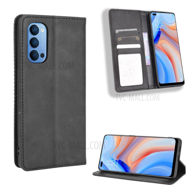 Retro Style Leather Phone Unique Cover for Oppo Reno4 4G - Black-1