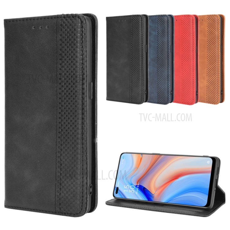 Retro Style Leather Phone Unique Cover for Oppo Reno4 4G - Black-12