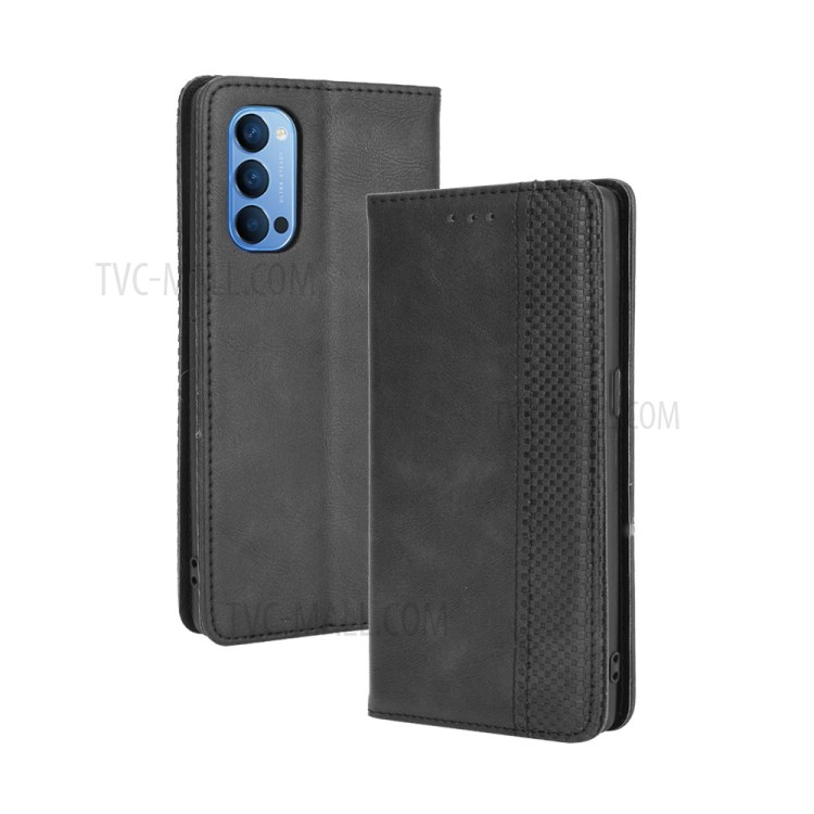 Retro Style Leather Phone Unique Cover for Oppo Reno4 4G - Black-2
