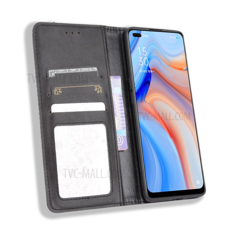 Retro Style Leather Phone Unique Cover for Oppo Reno4 4G - Black-5