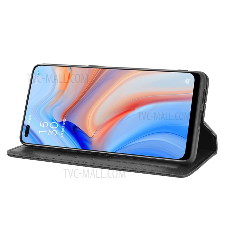 Retro Style Leather Phone Unique Cover for Oppo Reno4 4G - Black-6