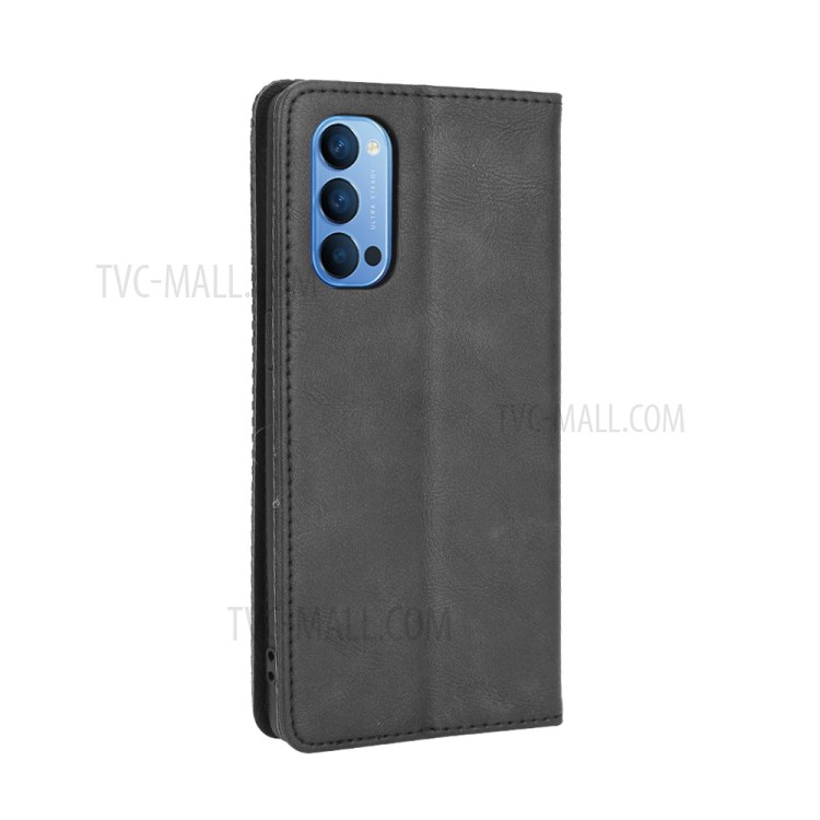 Retro Style Leather Phone Unique Cover for Oppo Reno4 4G - Black-7