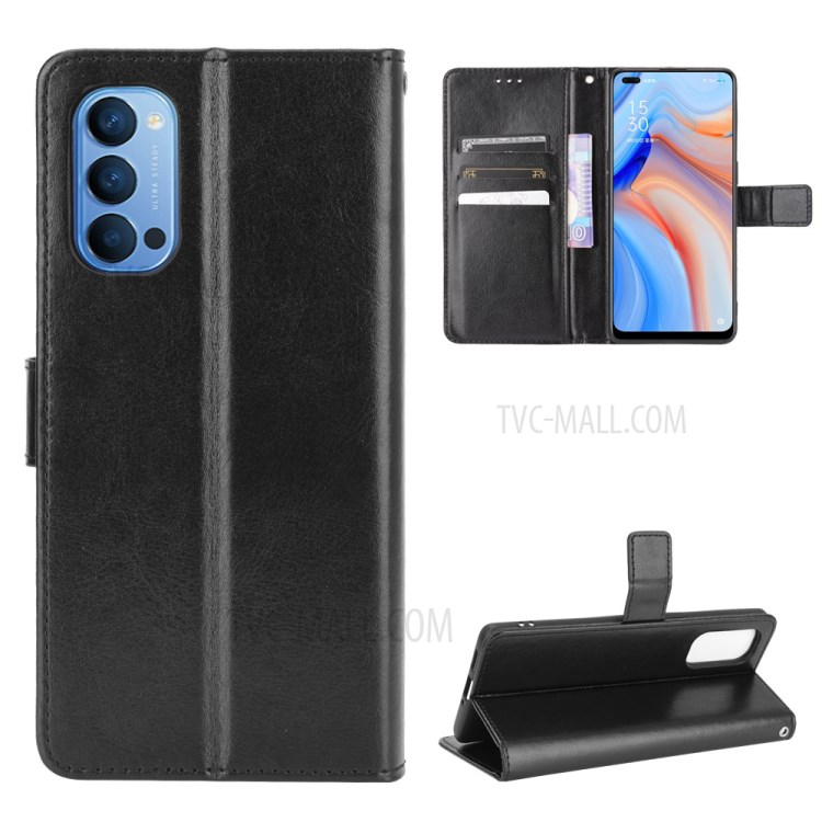 Crazy Horse Skin with Wallet Stand Leather Shell with Strap for Oppo Reno4 4G - Black-1