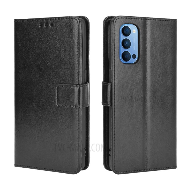 Crazy Horse Skin with Wallet Stand Leather Shell with Strap for Oppo Reno4 4G - Black-2