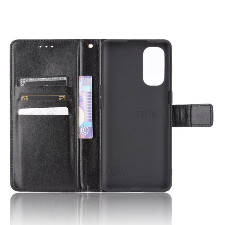 Crazy Horse Skin with Wallet Stand Leather Shell with Strap for Oppo Reno4 4G - Black-4