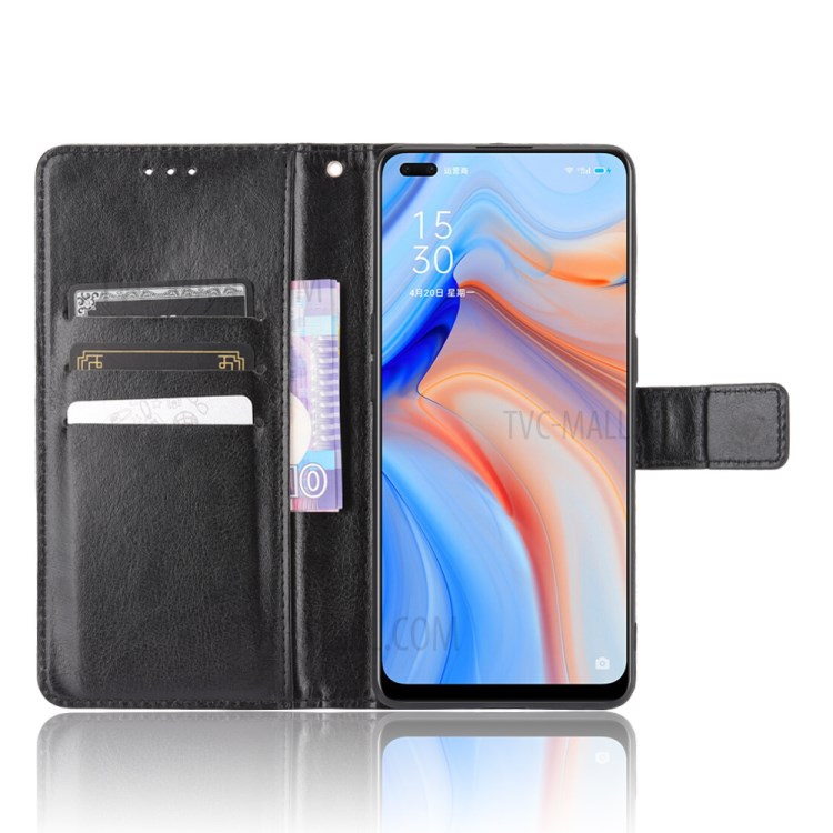 Crazy Horse Skin with Wallet Stand Leather Shell with Strap for Oppo Reno4 4G - Black-5