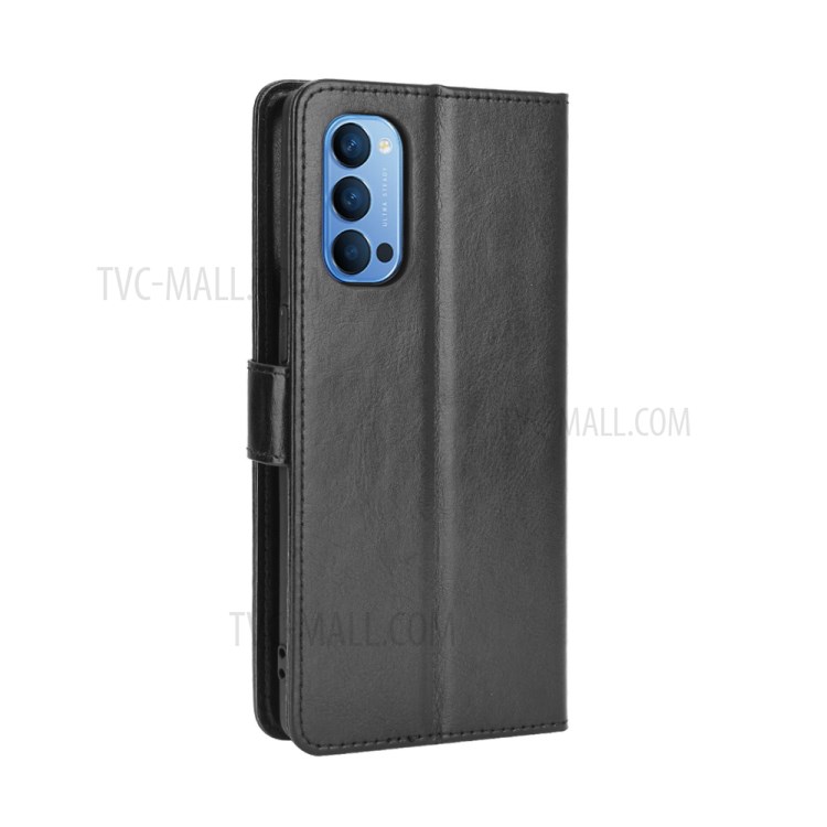 Crazy Horse Skin with Wallet Stand Leather Shell with Strap for Oppo Reno4 4G - Black-7