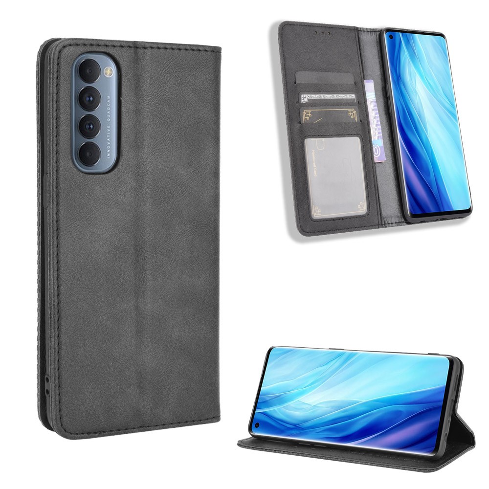 Retro with Wallet Stand Leather Phone Cover for Oppo Reno4 Pro 4G - Black-1