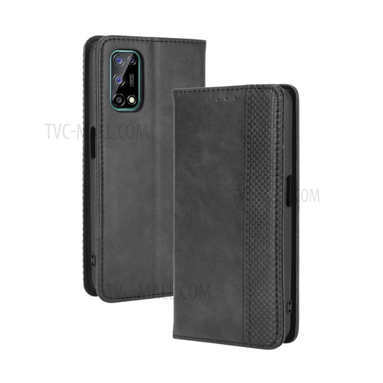 Vintage Style Wallet Stand Leather Phone Cover for Realme V5 5G - Black-2