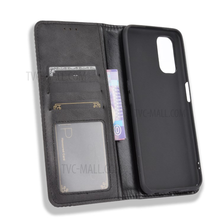 Vintage Style Wallet Stand Leather Phone Cover for Realme V5 5G - Black-4